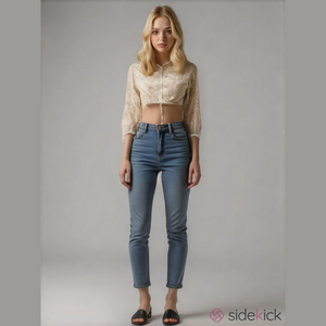 TEN DESIGNS Cream Cropped Button Down Shirt Long Puff Sleeves